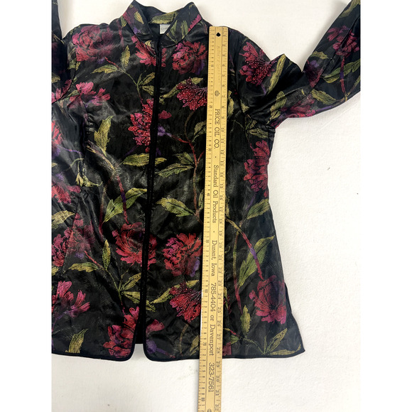 Chicos Jacket Asian inspired Women's Sz 2 Black Floral Long Sleeves‎ Beaded Silk - Picture 10 of 13